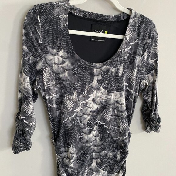 Lysse Scrunch Bodycon Dress Womens Small S Gray Feather Print - Picture 2 of 8